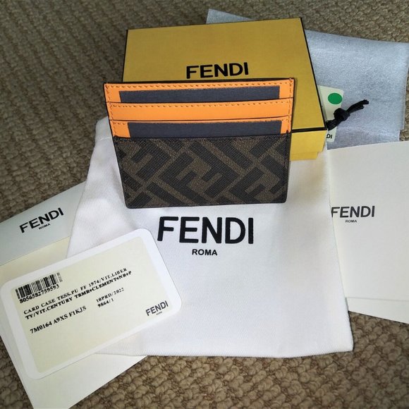 FENDI 'FF Logo w/ Orange Detail' Authentic Men's Canvas/Leather Card Holder NWT! - Picture 11 of 15